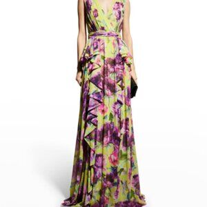Badgley Mischka Ruffled Floral-print Crepe Gown